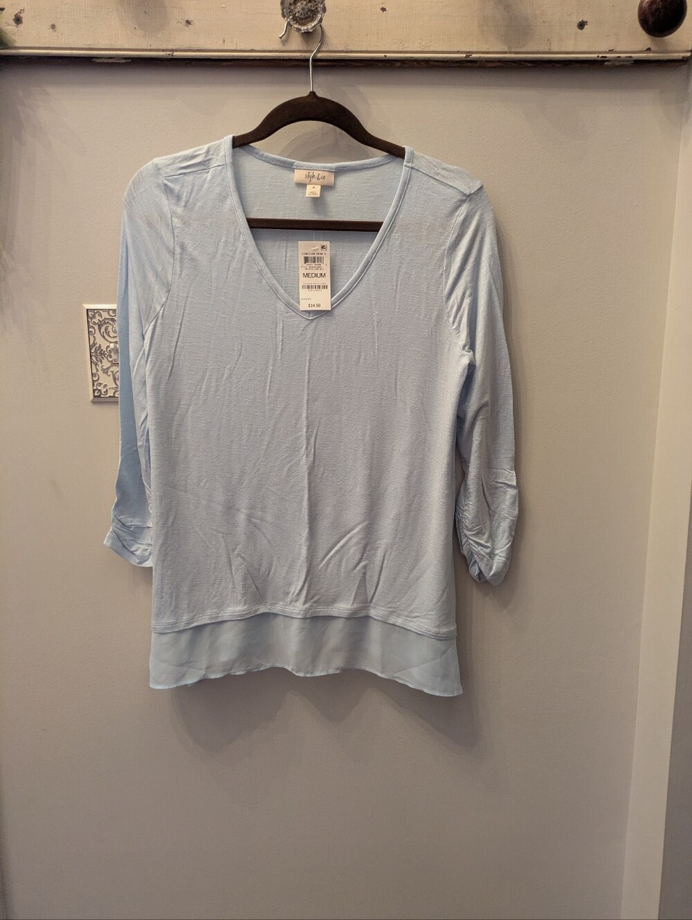 Style & Co. Pale Blue 3/4-Sleeve Layered Hem Top
